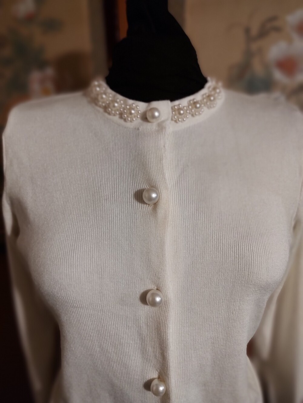 🎀🌹🎀 Dazzling Elaborate Faux Pearl Chantilly Cream Ivory Sweater Cardigan - M - Picture 6 of 16